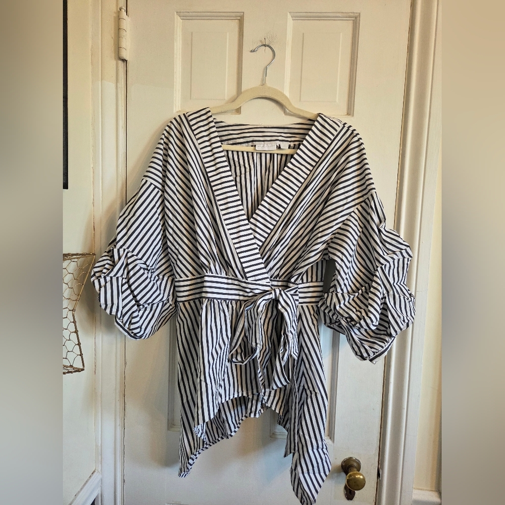 New York & Company Striped Blue and White Wrap Blouse